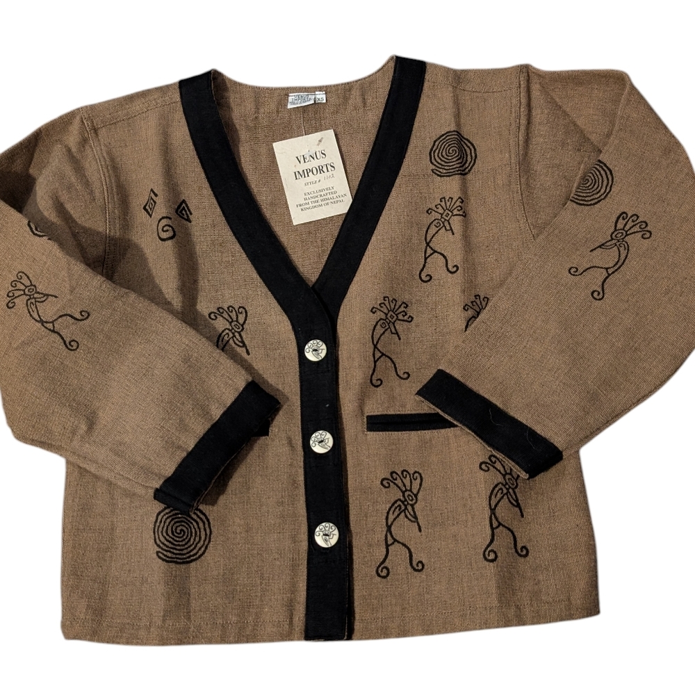 Vintage Venus Imports Nepal Women's Jacket Kokopelli Print ‎ XS Brown Black Boho